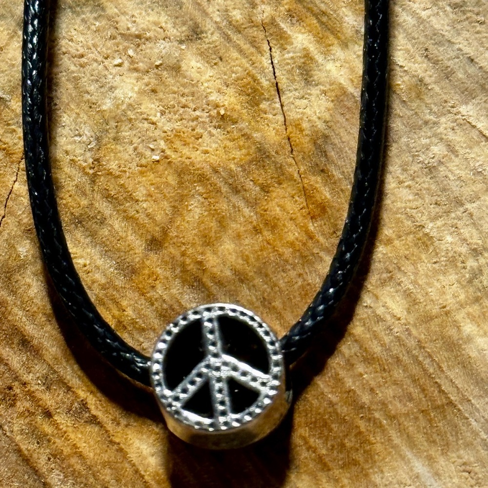 Black Cord Necklace with Silver Peace Pendant